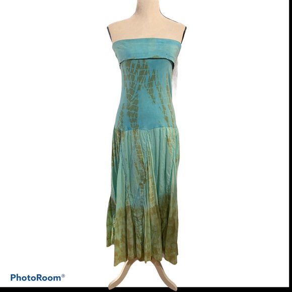 Turquoise Strapless Tie dye Peasant Dress - Picture 1 of 4